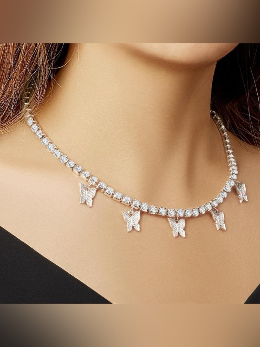Silver Butterfly Rhinestone Tennis Choker Necklace